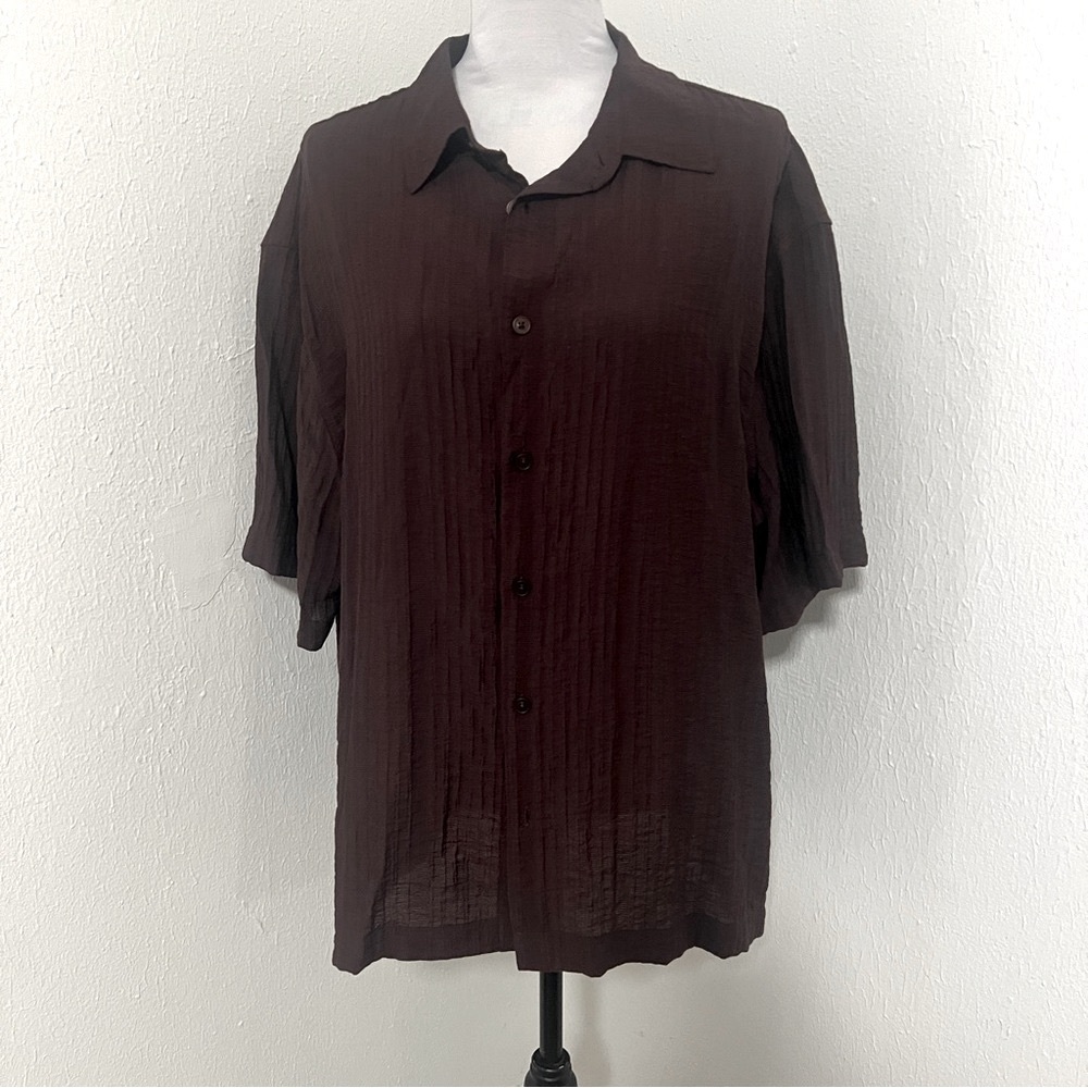 Zara Men’s XLarge Rich Brown Crinkle Effect Textured Top EUC Button Up Business
